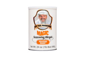 Seafood Magic Kruidenblend met foto van Paul Prudhomme erop
