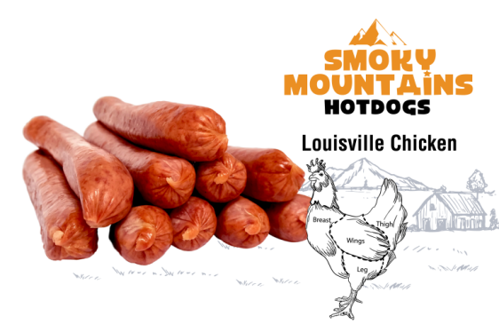 Gourmet kip hotdogs van Smoky Mountains met illustratie van een kip