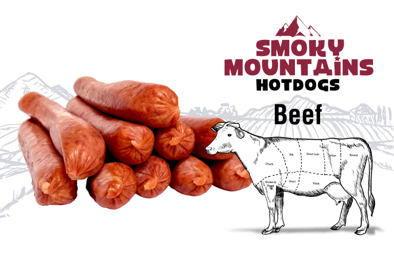 Afbeelding beef hotdogs van smoky mountains met illustratie van een koe