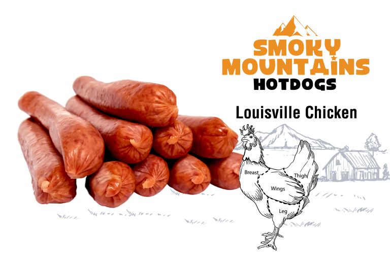 Gourmet kip hotdogs van Smoky Mountains met illustratie van een kip
